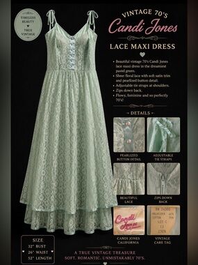 Vintage 70s -Candi Jones California /Pastel Green- Lace Maxi Dress